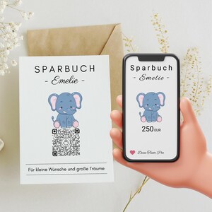 Geburtsgeschenk personalisiert – QrCode Sparbuch Postkarte Elefant mit digitalem Sparstand