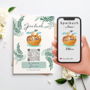 Geldgeschenk Taufe | Personalisiert | Digitale Spardose | QrCode Taufkarte | Arche Noah