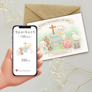 Op de afbeelding: Een smartphone toont een digitaal spaarboekje voor "Maria" met 250 EUR. Het scherm toont illustraties van een kruis, een lam, een ezel en een duif. Een kaart met vergelijkbare illustraties en tekst staat op de achtergrond.