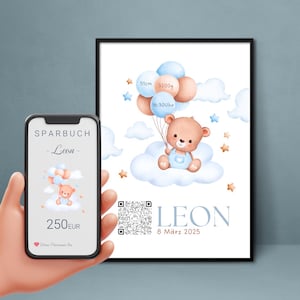 Geldgeschenk zur Geburt | Digitales Sparbuch | Personalisiertes QrCode Bild | Motiv Geburt Blau