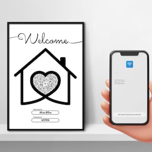Könnte beinhalten: Ein schwarz-weißes druckbares Willkommens-Schild mit einem Haus-Symbol und einem Herz, das einen QR-Code enthält. Das Schild enthält auch den Text "Welcome", "Network", "Mein Wlan", "Password" und "123456".