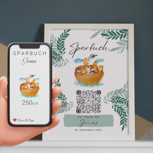 Geldcadeau voor doop | Gepersonaliseerd | Digitaal spaarboekje | QrCode-afbeelding | De ark van Noach