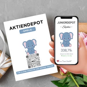 Geldgeschenk Geburt Personalisiert – Aktien Geschenkkarte Elefant mit QR-Code | ETF Aktie