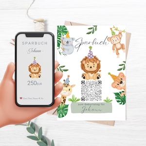 Geldgeschenk voor kinderverjaardag | Gepersonaliseerd digitaal spaarboekje | QrCode Cadeaubon | Feest Leeuw
