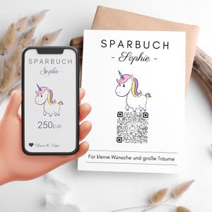 Persönliches Geldgeschenk für Kinder | Digitales Sparbuch | QrCode Geschenkkarte | Virtuelle Spardose | Einhorn