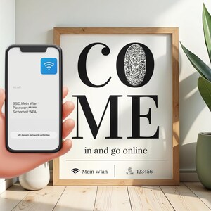 May include: A framed wall sign featuring the large black text COME with a QR code inside the letter O, and the text in and go online below. A smartphone screen displays WLAN details including SSID: Mein Wlan, Password: ******, and Sicherheit: WPA.