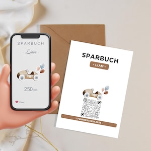 Gepersonaliseerd geldgeschenk | Virtueel spaarboekje | QR-code cadeaubon | Doop Geboorte Eerste Verjaardag | Auto rijbewijs