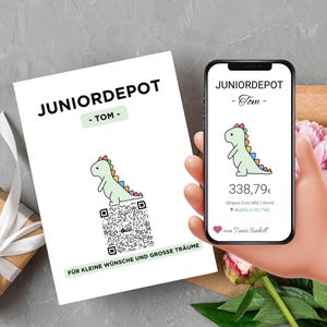 Aktie Etf Geschenkverpackung | Personalisiertes Geldgeschenk | QrCode Geschenkkarte | Geburtstag Schulanfang  | Motiv Dino