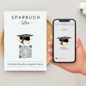 Personalisiertes Geldgeschenk | Virtuelles Sparbuch | QrCode Geschenkkarte | Abitur Bachelor Master | Motiv Abschluss
