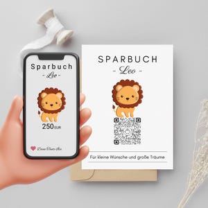 Geldgeschenk Taufe – Sparkarte Löwe mit QR-Code | Personalisiertes Sparbuch Geschenkkarte