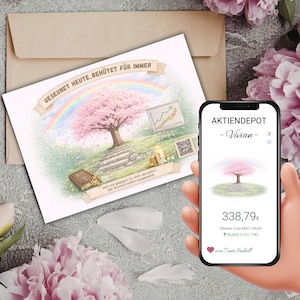 Op de afbeelding: Een wenskaart met een aquarel illustratie van een kersenboom, regenboog en pad. De kaart heeft Duitse tekst. Een smartphone toont een vergelijkbare afbeelding met financiële gegevens.