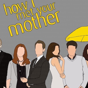 Puede incluir: Un grupo de seis personajes de dibujos animados, incluidos cuatro adultos y dos niños, se paran frente a un paraguas amarillo. El texto "how I met your mother" está escrito en letras amarillas en la parte superior de la imagen.