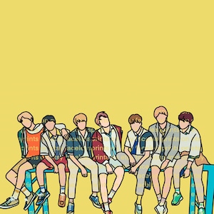 May include: A group of eight cartoon figures wearing colorful clothing and sitting on a blue bench. The figures are all smiling and looking at the camera. The background is a solid yellow color.