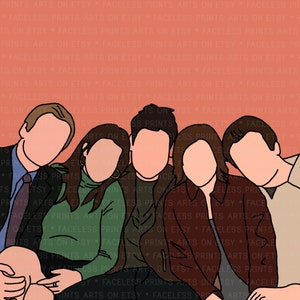 May include: Illustration of four people with brown hair, sitting together with their arms around each other. The people are outlined in black and have peach-colored skin. The background is a solid peach color.