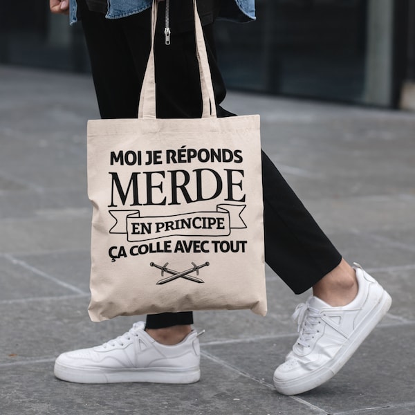 Tote bag imprimé Moi je réponds merde, en principe ça colle avec tout, sublimation sur sac de shopping