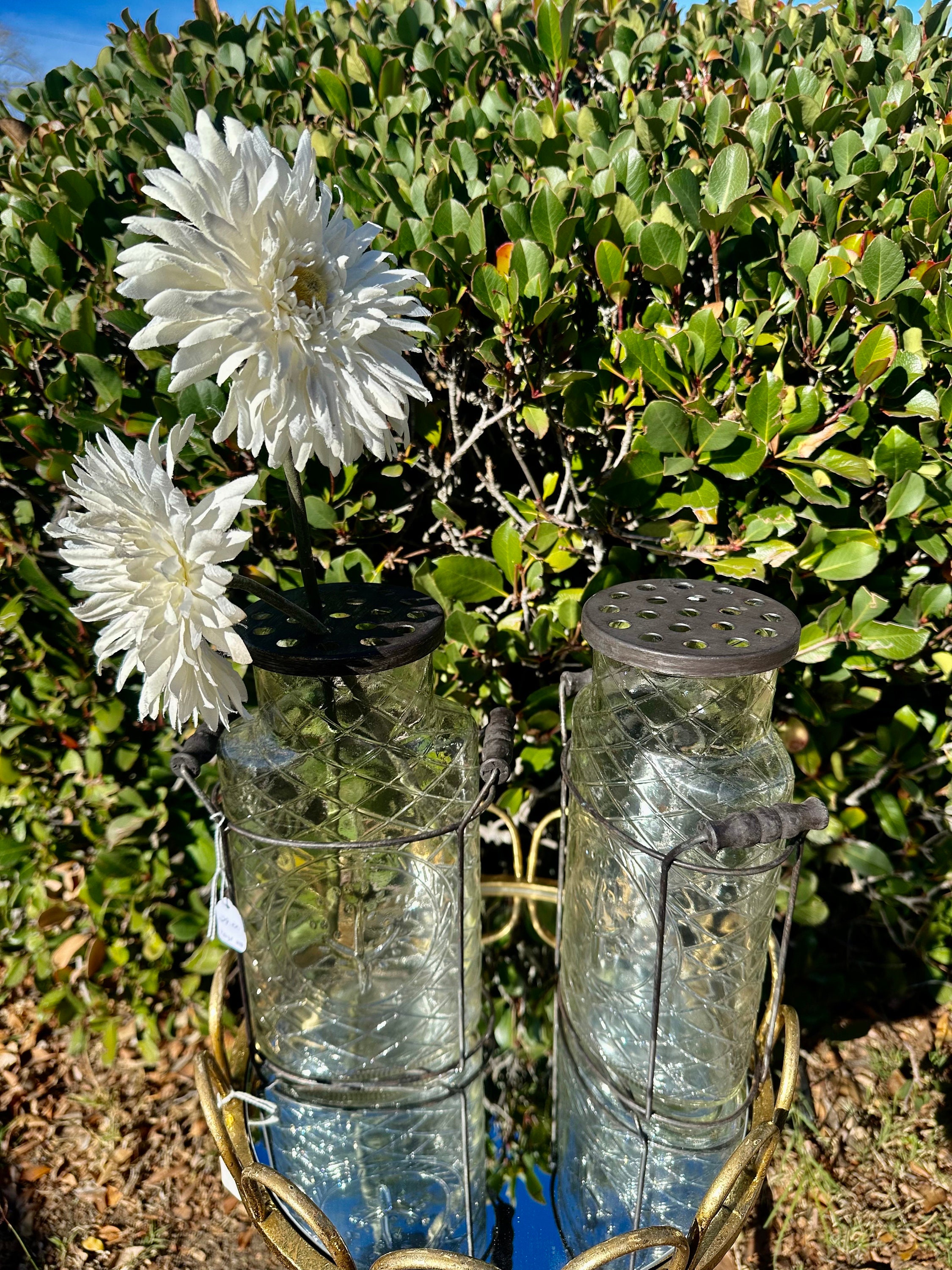 ONE CLEAR HOME MADE FRENCH FARMHOUSE MESH FLOWER FROG GLASS MASON JAR VASE