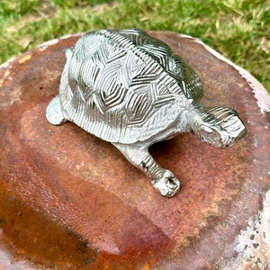 May include: A silver metal turtle figurine with a detailed shell design. The turtle is sitting on a brown and pink stone surface.
