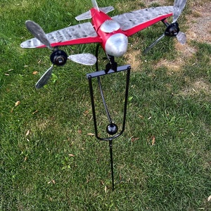 Airplane wind spinner kinetic balancing garden art stake