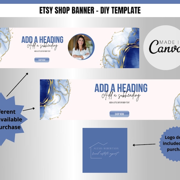 Blau und Gold Etsy Shop Banner, Etsy Branding Etsy Shop Banner Set, Etsy Banner Etsy Shop Kit Visitenkarten Grafik Icon Banner Vorlagen