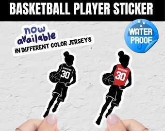 May include: Two black silhouette stickers of a basketball player dribbling a ball. The player is wearing a jersey with the number 30 and the name "SIMMONS" on the back. The text "WATER PROOF" is on a blue sticker with a raindrop icon. The text "now available in different color jerseys" is on a purple sticker.