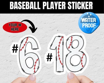 May include: Two white baseball-themed stickers with red stitching, one with the number "6" and the other with the number "18". Both stickers have a black "#" symbol in front of the number. The stickers are waterproof.