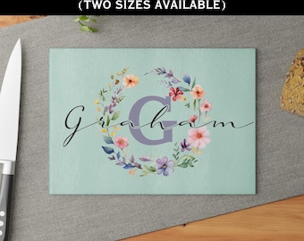 Tabla de cortar de cristal personalizada con apellido y diseño floral, decoración de cocina personalizada, regalo de boda, regalo de inauguración de casa