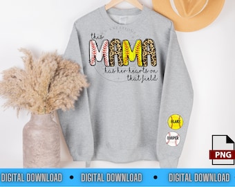 Baseball Softball Mama PNG: Heart on Sleeve Design (Digital Download)