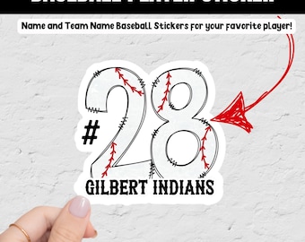 May include: A baseball player sticker with the number 28, the hashtag symbol, and the text "GILBERT INDIANS." The sticker has a baseball design with red stitching. The text "BASEBALL PLAYER STICKER" is at the top.