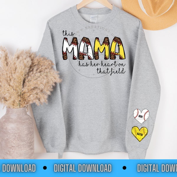 Baseball Softball Png, This MAMA wears her heart on her sleeve PNG Sublimation Designs Download mom Shirt design mom of both png