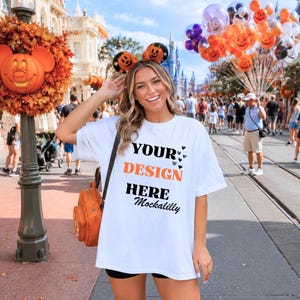 Halloween Comfort Colors 1717 Oversized White Shirt Mockup | White Tee Mockup | Theme Park Lifestyle Photo |  Model POD Mockup