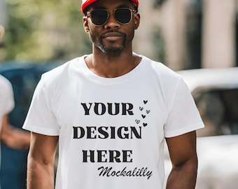 Black Male Model T-Shirt Mockups, White Bella Canvas 3001 Mockup Bella Canvas White Shirt Model Mock , Model Mockup