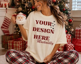 Comfort Colors 1717 Christmas  Ivory T Shirt Mockup | Holiday Shirt Mockup | Ivory Comfort Colors  Mockup | POD | Print On Demand Shirts
