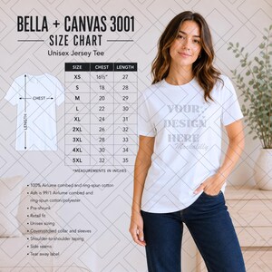 Bella Canvas 3001 Storlekstabell | Måttguide för unisex t-shirts i jerseykvalitet | Mall för klädstorlekar | Digital nedladdning