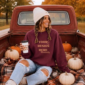 Fall Mockup, Maroon Gildan 18000 Sweatshirt, Gildan Crewneck, Fall Mockup Sweater, Pumpkin Patch, Blank POD Lifestyle Photo, Model Mockup