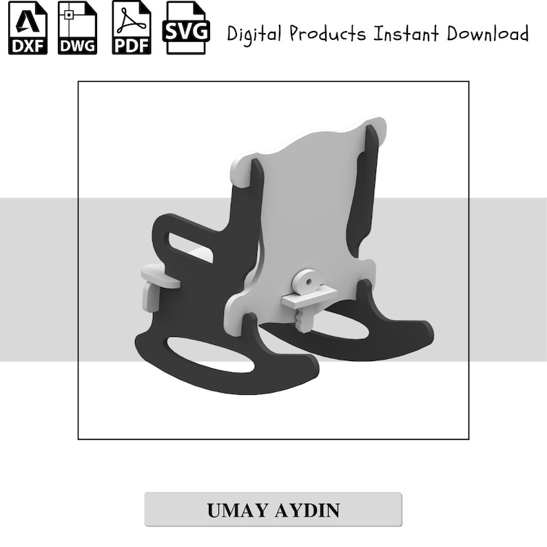 May include: A digital download of a rocking chair design, suitable for cutting on a CNC machine. The design is shown in black and white, with the chair's back and seat in white and the rest in black.
