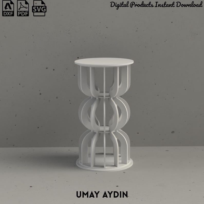 May include: A white cylindrical side table featuring a repeating vertical cutout pattern. The structure consists of a circular top and base connected by curved, interlocking panels. The text "Digital Products Instant Download" and "UMAY AYDIN" appear.