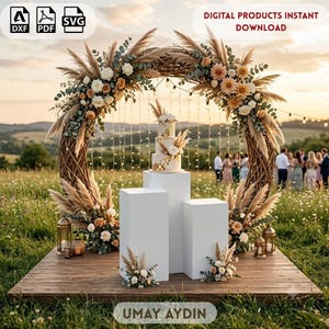May include: A large circular wooden arch decorated with pampas grass, eucalyptus, and white and peach flowers. A three-tiered white cake sits on a central white pedestal, flanked by two smaller white pedestals. Text reads: DIGITAL PRODUCTS INSTANT DOWNLOAD.