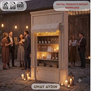 Puede incluir: Un expositor de madera clara con toldo festoneado, estantes con botellas de vino, copas, velas y cajas de regalo, iluminado por luces. El texto incluye DXF, PDF, SVG, DIGITAL PRODUCTS INSTANT DOWNLOAD y UMAY AYDIN.