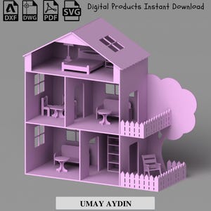 Drewniany zestaw domków dla lalek wycinany laserowo plik svg, pakiet plików wycinanych laserowo do miniaturowych domków dla lalek DIY: szablony wektorowe do tworzenia dekoracji i mebli