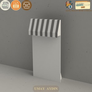 May include: A digital file featuring a vertical rectangular sign with a white surface and a top awning decorated with alternating light grey and white vertical stripes. The design includes icons for DXF, PDF, and SVG formats, plus a download bar.