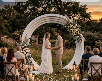May include: A large white circular wedding arch structure featuring layered rings, decorated with cream-coloured roses and pampas grass. The design includes text labels for DXF, PDF, and SVG file formats, indicating a digital product instant download.
