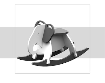 May include: A digital download of a rocking horse design in the shape of an elephant. The rocking horse is made of wood and is painted in shades of gray and white. The design is suitable for cutting on a CNC machine.