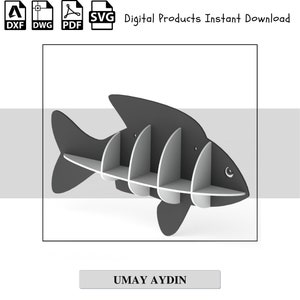 May include: A digital download of a fish-shaped shelf design. The design is in black and white and features five shelves. The design is for a wall-mounted shelf.