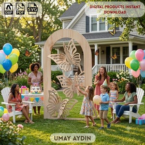 May include: A large, arched wooden display stand featuring three layered, laser-cut butterfly silhouettes. The structure is designed for outdoor use and includes digital files for DXF, PDF, and SVG formats. The text UMAY AYDIN is visible at the bottom.