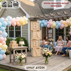 Puede incluir: Un conjunto de archivos digitales para decoración de baby shower con cuatro bloques de madera apilados que forman la palabra BABY, un arco de globos en azul, rosa y amarillo pastel, y una mesa con pastel y flores. Formatos DXF, PDF y SVG.