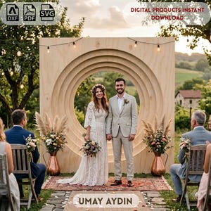 May include: A large circular wooden wedding backdrop with concentric rings, featuring a couple standing in front. Two copper vases with dried floral arrangements sit on either side. Text at the top reads DIGITAL PRODUCTS INSTANT DOWNLOAD.