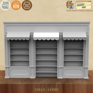 以下が含まれることがあります： 白のスカラップのキャノピーと複数の棚を備えた、グレーの3セクションの店舗モデル。 モデルには「DIGITAL PRODUCTS INSTANT DOWNLOAD」というテキストとファイルタイプのアイコンが含まれています。 下部には「UMAY AYDIN」という名前があります。