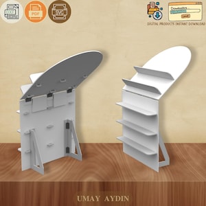 May include: Two white, assembled display stands with multiple shelves and an arched top. The stands are made of a flat, matte material and are designed to hold products. The image also includes icons for DXF, PDF, and SVG file formats, along with the text "Digital Products Instant Download."