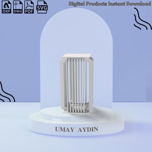 May include: A white 3D model of a vertical slatted structure with a rectangular top and base, displayed on a circular platform labeled UMAY AYDIN. The image includes icons for DXF, DWG, PDF, and SVG file formats and the text Digital Products Instant Download.