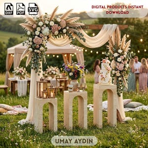 May include: A digital file set for a wedding arch featuring three arched wooden pedestals, a floral arrangement with pampas grass, white and pink roses, and eucalyptus, a three-tier cake, and lanterns. Includes DXF, PDF, and SVG file formats.